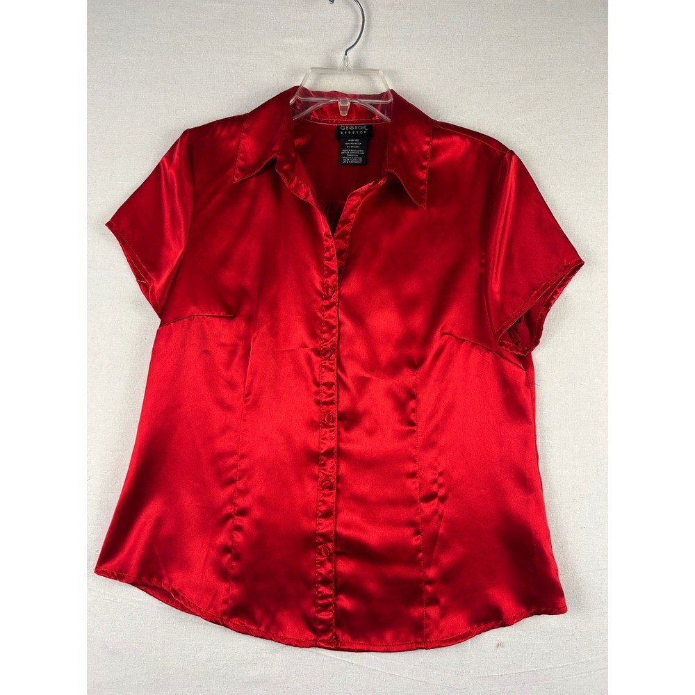 George Stretch Red Satin Short Sleeve Button Down Blouse GL48T108B Womens Medium